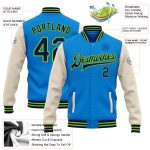 Custom Team Name Number Electric Blue Navy Cream Neon Green Two Tone Bomber Varsity Letterman Full-Snap Jacket Personalized