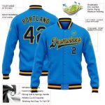 Personalized Electric Blue Varsity Letterman Jacket with Gold Trim - Full-Snap Bomber Style Personalized Electric Blue Navy-Gold