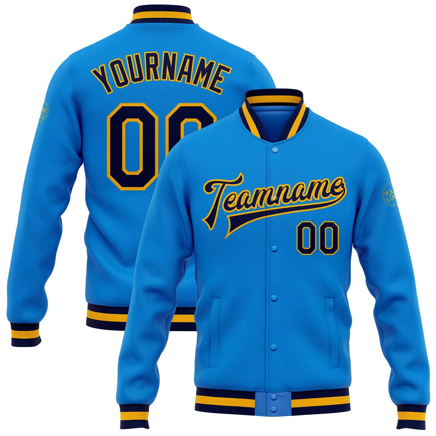 Custom Name and Number Electric Blue Navy Gold Bomber Varsity Letterman Jacket Personalized Team Full-Snap Personalized Electric