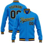 Personalized Electric Blue Varsity Letterman Jacket with Gold Trim - Full-Snap Bomber Style Personalized Electric Blue Navy-Gold