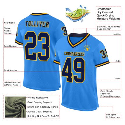 Personalized Blue Navy Gold Football Jersey - Custom Throwback Mesh Jersey Personalized Electric Blue Navy-Gold Mesh Throwback
