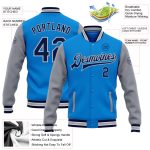Personalized Electric Blue Gray Two-Tone Varsity Letterman Bomber Jacket Full-Snap Personalized Electric Blue Navy-Gray Bomber
