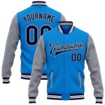 Personalized Electric Blue Gray Two-Tone Varsity Letterman Bomber Jacket Full-Snap Personalized Electric Blue Navy-Gray Bomber