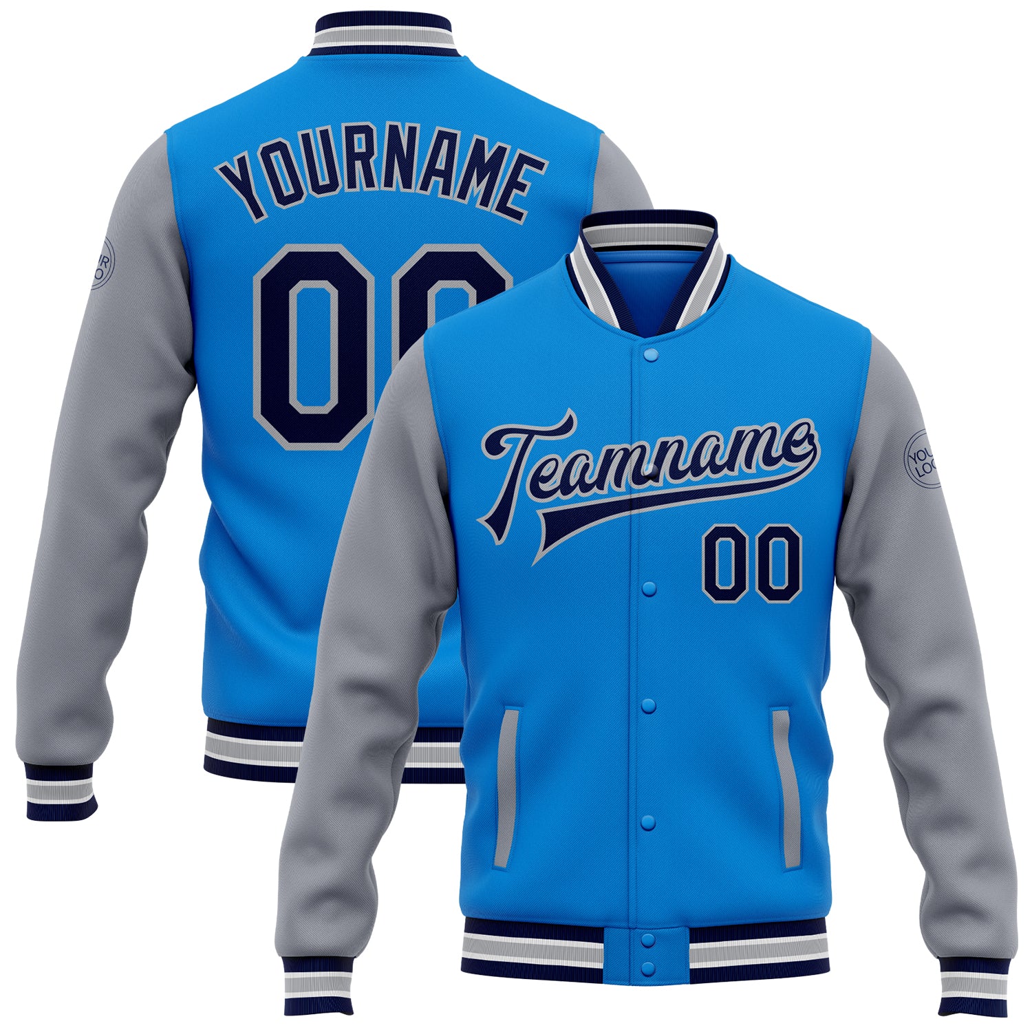 Custom Name Number Navy Gray Electric Blue Varsity Letterman Bomber Jacket Full-Snap Two Tone Team Apparel Personalized Electric