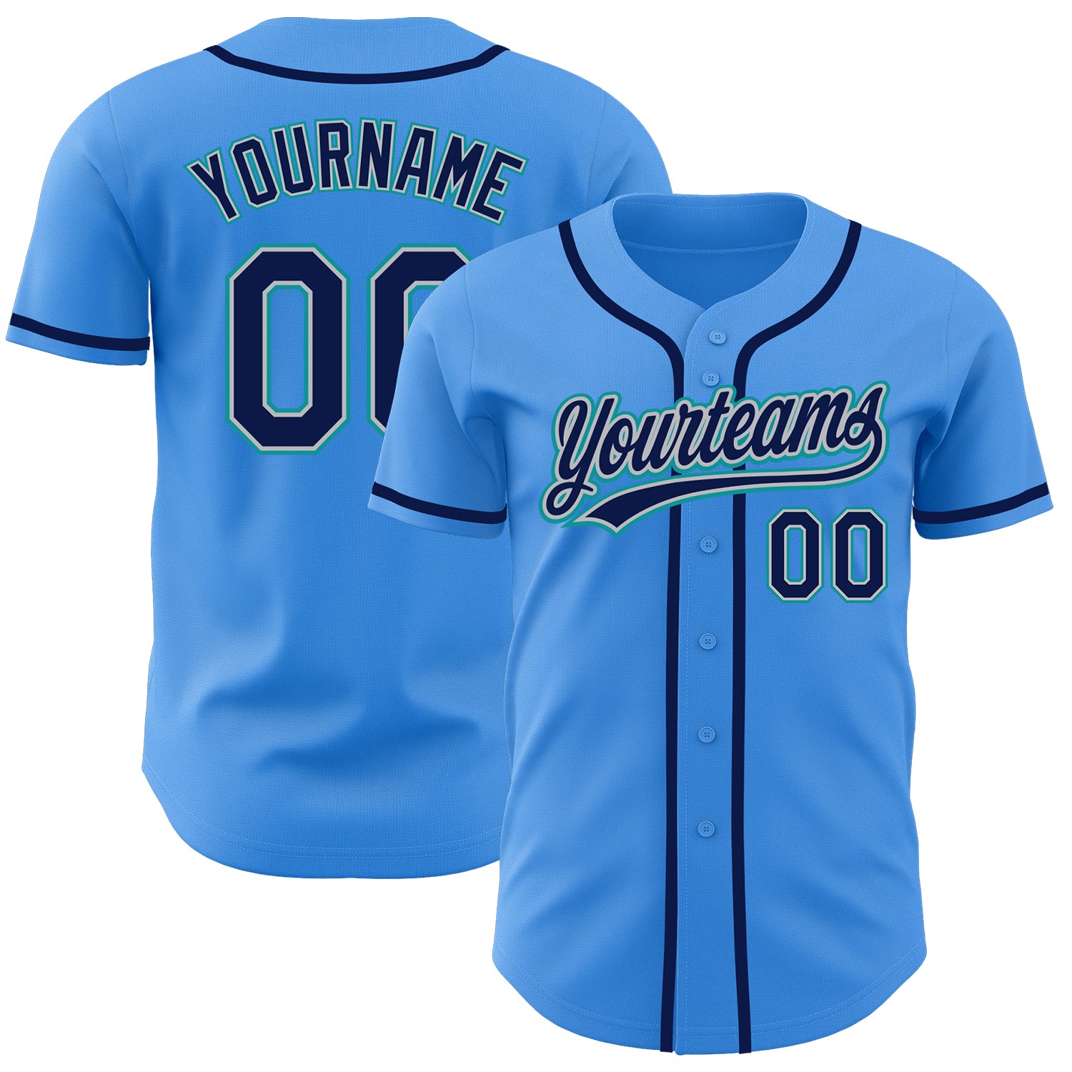Custom Team Name Number Baseball Jersey - Personalized Electric Blue Navy Gray Teal Design Personalized Electric Blue Navy