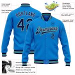 Custom Team Name Number Electric Blue Gray Teal Bomber Jacket Personalized Full-Snap Varsity Letterman Personalized Electric