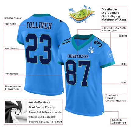 Custom Name and Number Electric Blue Navy Gray Teal Mesh Football Jersey - Personalized Authentic Team Apparel Personalized