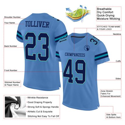 Personalized Electric Blue Gray Teal Mesh Football Jersey - Authentic Design Personalized Electric Blue Navy Gray-Teal Mesh
