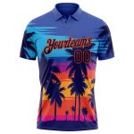 Custom Performance Golf Polo Shirt with Electric Blue Navy-Orange 3D Palm Tree Design, Team Name and Number - Personalized