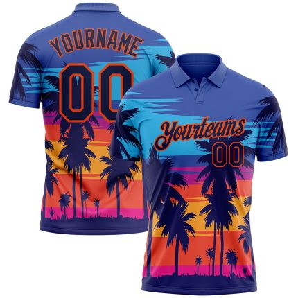 Custom Performance Golf Polo Shirt with Electric Blue Navy-Orange 3D Palm Tree Design, Team Name and Number - Personalized