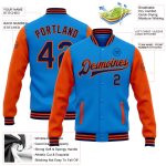 Custom Name and Number Varsity Letterman Jacket - Personalized Electric Blue Navy-Orange Bomber Full-Snap Two Tone Design