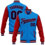 Custom Team Name Number Electric Blue Navy Red Two Tone Varsity Bomber Full-Snap Letterman Jacket Personalized Electric Blue