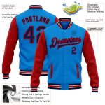 Custom Team Name Number Electric Blue Navy Red Two Tone Varsity Bomber Full-Snap Letterman Jacket Personalized Electric Blue
