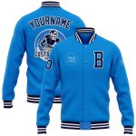 Personalized Electric Blue Varsity Letterman Bomber Jacket Navy-White Full-Snap 2 Personalized Electric Blue Navy-White Bomber