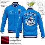 Personalized Electric Blue Varsity Letterman Bomber Jacket Navy-White Full-Snap 2 Personalized Electric Blue Navy-White Bomber