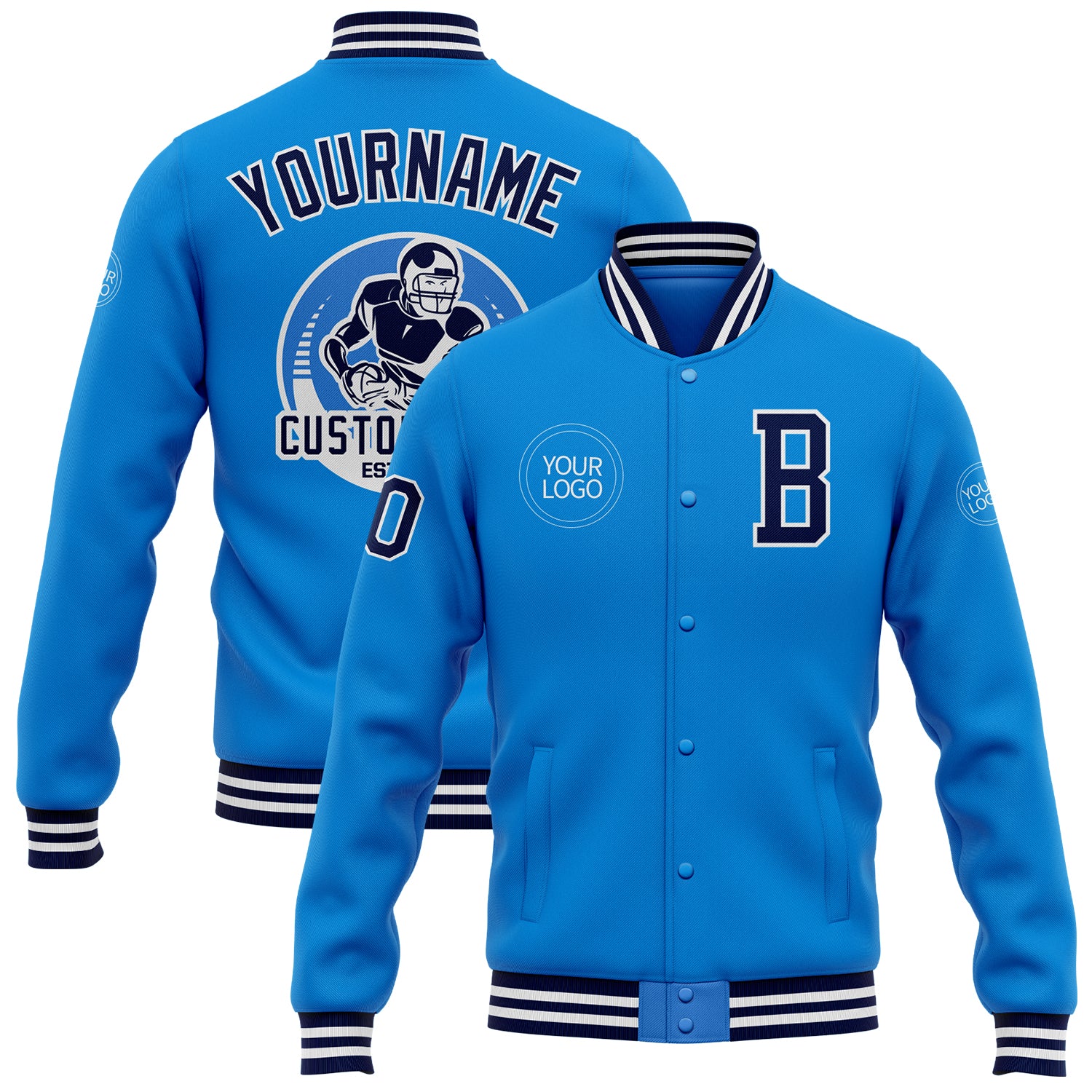 Electric Blue Varsity Jacket Personalized Navy-White Full-Snap Bomber Letterman Personalized Electric Blue Navy-White Bomber