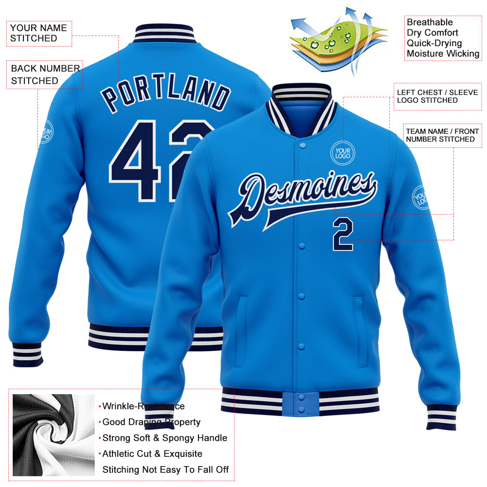 Personalized Electric Blue Varsity Letterman Bomber Jacket Navy-White Full-Snap Style Personalized Electric Blue Navy-White - Image 5