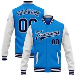 Personalized Two Tone Electric Blue Navy White Varsity Letterman Bomber Jacket Full Snap Personalized Electric Blue Navy-White
