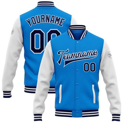 Personalized Two Tone Electric Blue Navy White Varsity Letterman Bomber Jacket Full Snap Personalized Electric Blue Navy-White
