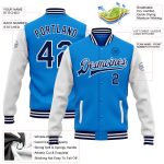 Personalized Two Tone Electric Blue Navy White Varsity Letterman Bomber Jacket Full Snap Personalized Electric Blue Navy-White