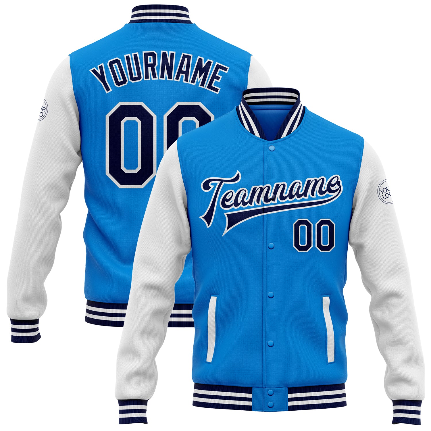 Custom Two-Tone Bomber Jacket in Electric Blue and Navy-White for Teams with Personalized Name and Number Personalized Electric