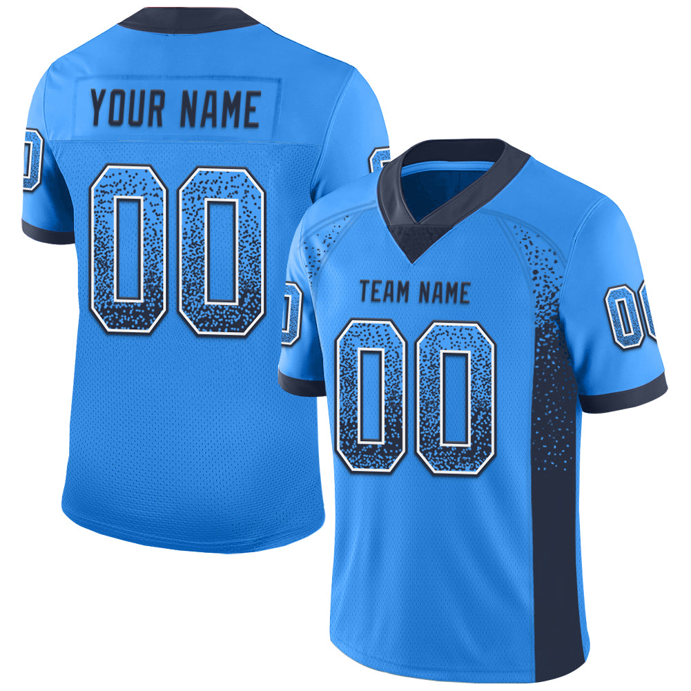 Electric Blue Personalized Football Jersey - Navy-White Mesh Drift Style Personalized Electric Blue Navy-White Mesh Drift