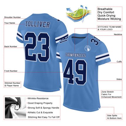 Personalized Electric Blue Mesh Football Jersey - Navy and White Design Personalized Electric Blue Navy-White Mesh Football