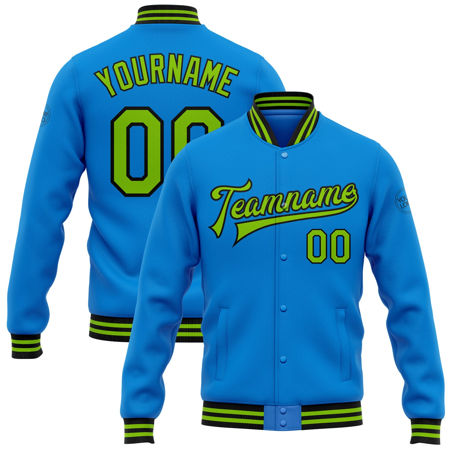 Custom Team Name Number Electric Blue Black Neon Green Bomber Varsity Jacket Full-Snap Letterman Personalized Electric Blue