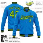 Custom Team Name Number Electric Blue Black Neon Green Bomber Varsity Jacket Full-Snap Letterman Personalized Electric Blue