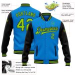 Custom Team Name & Number Bomber Jacket - Electric Blue Neon Green Black Full-Snap Varsity Letterman Two Tone Jacket Personalized