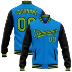 Custom Team Name & Number Bomber Jacket - Electric Blue Neon Green Black Full-Snap Varsity Letterman Two Tone Jacket Personalized