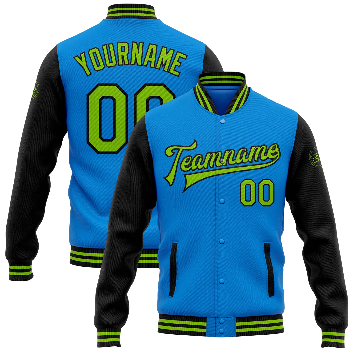 Custom Team Name & Number Bomber Jacket - Electric Blue Neon Green Black Full-Snap Varsity Letterman Two Tone Jacket Personalized