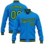 Custom Team Name and Number Varsity Bomber Jacket in Electric Blue and Neon Green-Navy Full-Snap Style Personalized Electric