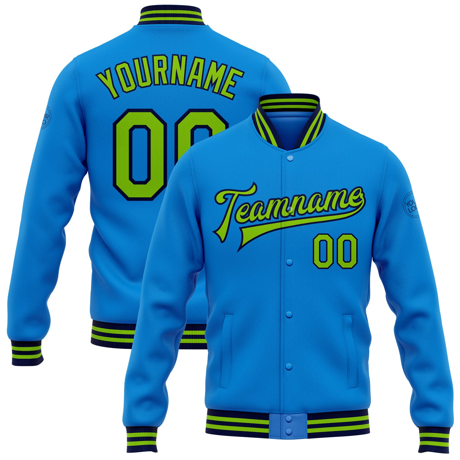 Custom Team Name and Number Varsity Bomber Jacket in Electric Blue and Neon Green-Navy Full-Snap Style Personalized Electric