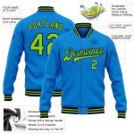 Custom Team Name and Number Varsity Bomber Jacket in Electric Blue and Neon Green-Navy Full-Snap Style Personalized Electric