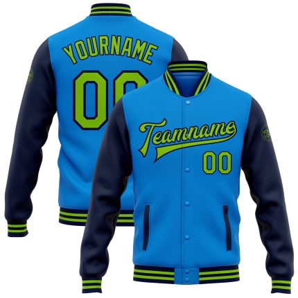 Personalized Two Tone Electric Blue Navy Varsity Letterman Bomber Full-Snap Jacket Personalized Electric Blue Neon Green-Navy
