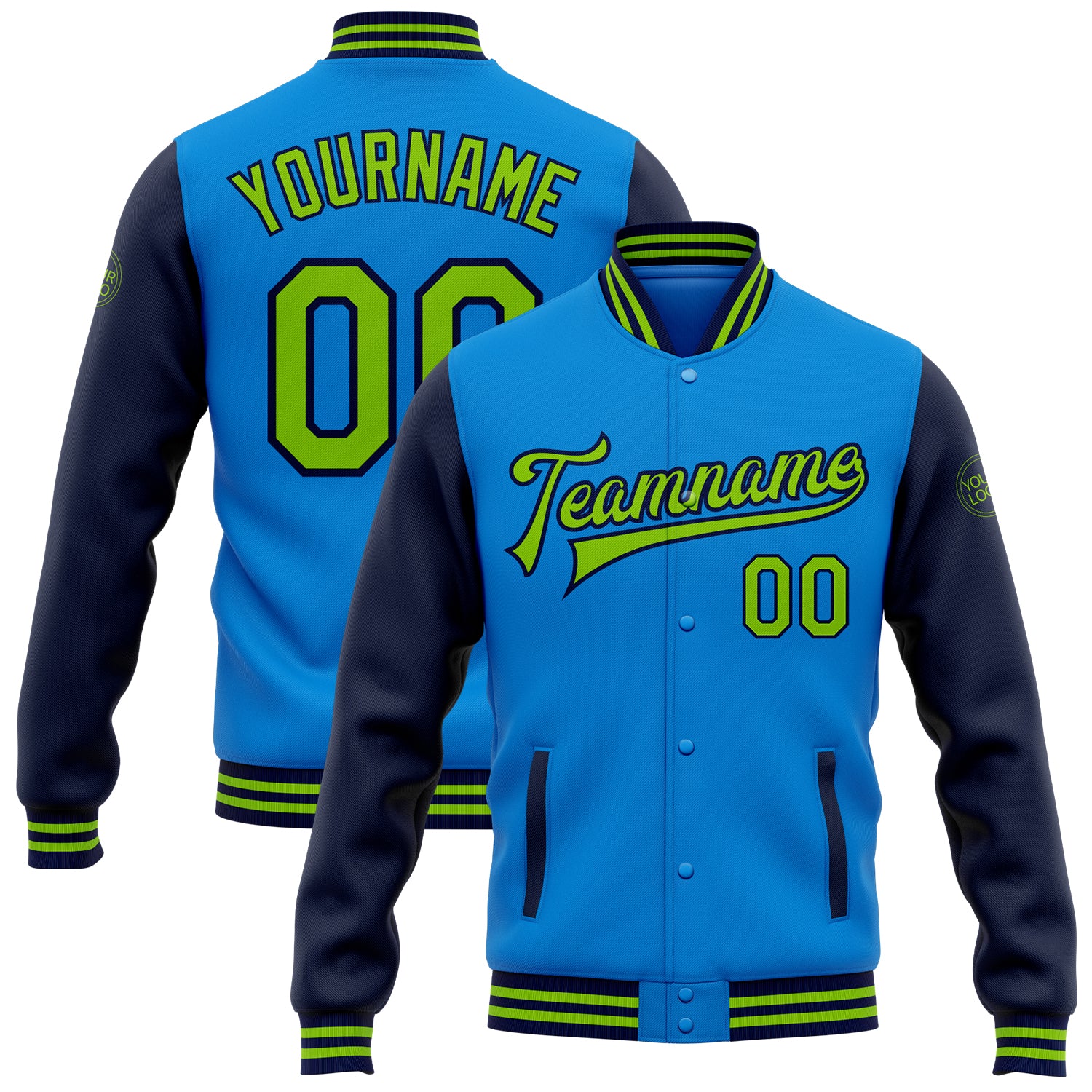 Custom Name and Number Bomber Jacket - Personalized Electric Blue and Navy Varsity Letterman Full-Snap Two Tone Jacket Personalized