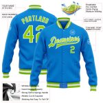 Electric Blue Green White Neon Varsity Letterman Bomber Jacket Personalized Full-Snap Personalized Electric Blue Neon Green-White