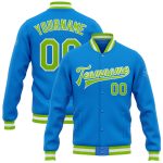 Electric Blue Green White Neon Varsity Letterman Bomber Jacket Personalized Full-Snap Personalized Electric Blue Neon Green-White