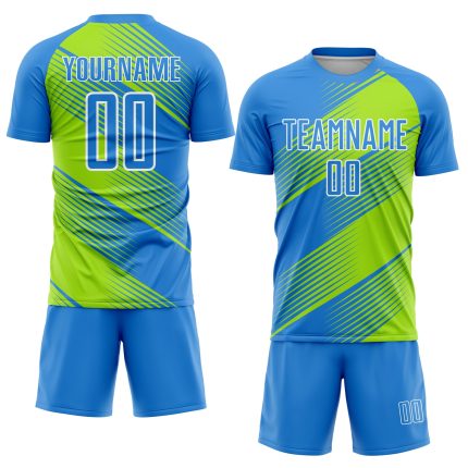 Personalized Electric Blue Neon Soccer Jersey with Green-White Lines - Sublimation Uniform Personalized Electric Blue Neon