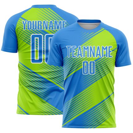 Custom Sublimation Soccer Jersey with Personalized Electric Blue Neon Green-White Lines, Team Name & Number Personalized