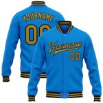 Electric Blue Varsity Bomber Jacket Personalized Old Gold-Black Full-Snap Letterman Jacket Personalized Electric Blue Old