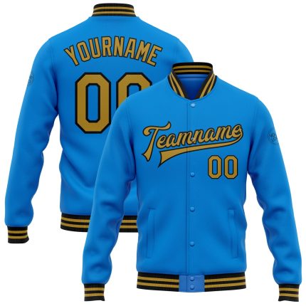 Electric Blue Varsity Bomber Jacket Personalized Old Gold-Black Full-Snap Letterman Jacket Personalized Electric Blue Old