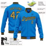 Custom Team Name Number Bomber Jacket Electric Blue Gold Black Full-Snap Varsity Letterman Jacket Personalized Electric Blue