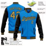 Electric Blue Two Tone Varsity Letterman Jacket - Personalized Old Gold Black Bomber Full-Snap Personalized Electric Blue