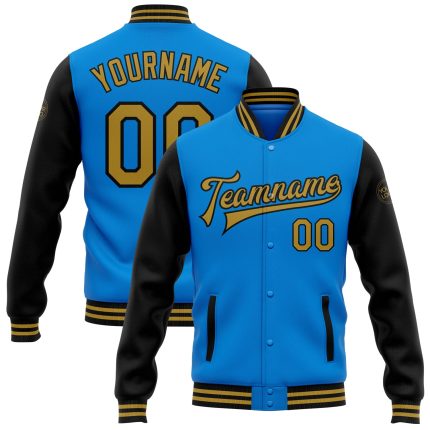 Electric Blue Two Tone Varsity Letterman Jacket - Personalized Old Gold Black Bomber Full-Snap Personalized Electric Blue