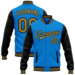 Custom Team Name Number Electric Blue Gold Black Varsity Letterman Bomber Jacket Full-Snap Two Tone Personalized Electric