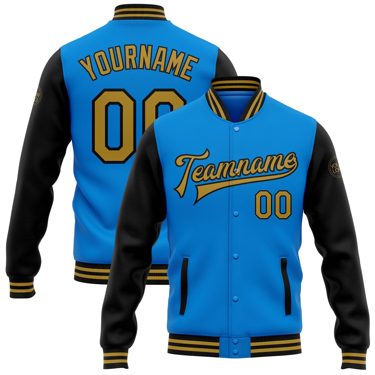 Custom Team Name Number Electric Blue Gold Black Varsity Letterman Bomber Jacket Full-Snap Two Tone Personalized Electric