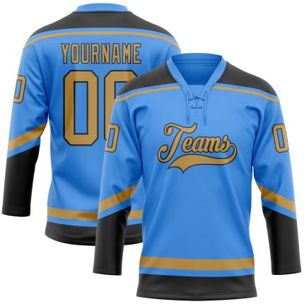 Personalized Electric Blue Hockey Lace Neck Jersey in Old Gold and Black Personalized Electric Blue Old Gold-Black Hockey