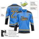 Personalized Electric Blue Hockey Lace Neck Jersey in Old Gold and Black Personalized Electric Blue Old Gold-Black Hockey